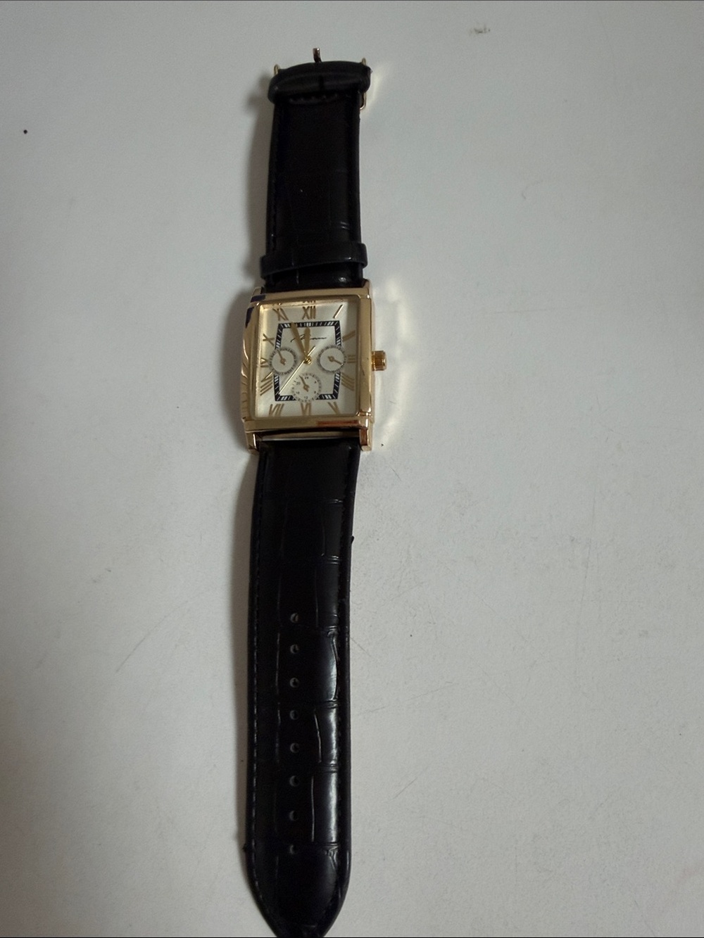 Source Unknown Black Leather Strap Gold-Tone Square Mens Watch